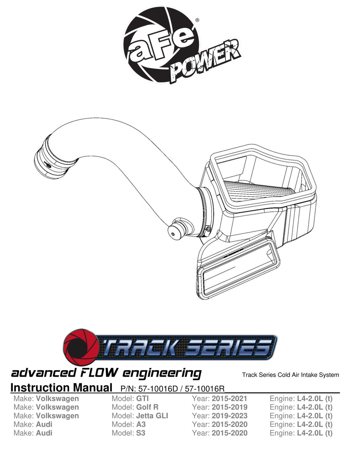 aFe 15-19 VW Golf R (MKVII) L4-2.0L (t) Track Series Carbon Fiber Intake System w/ Pro 5R Filter