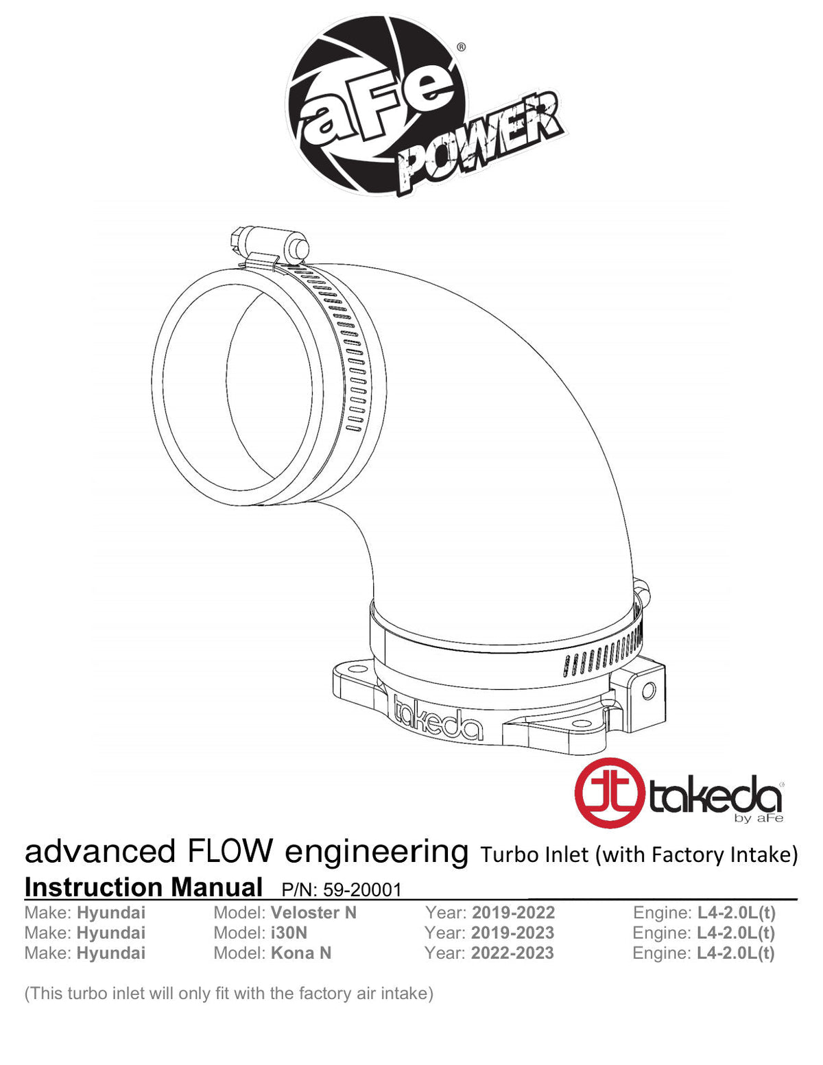 aFe 2019-2020 Hyundai Veloster N L4-2.0L (T) Takeda Turbo Inlet w/ Factory Intake