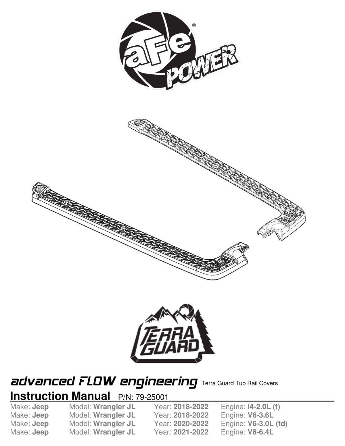 aFe 18-22 Jeep Wrangler JL (4-Door Models w/ 3-Piece Hard-Top Only) Terra Guard Tub Rail Covers