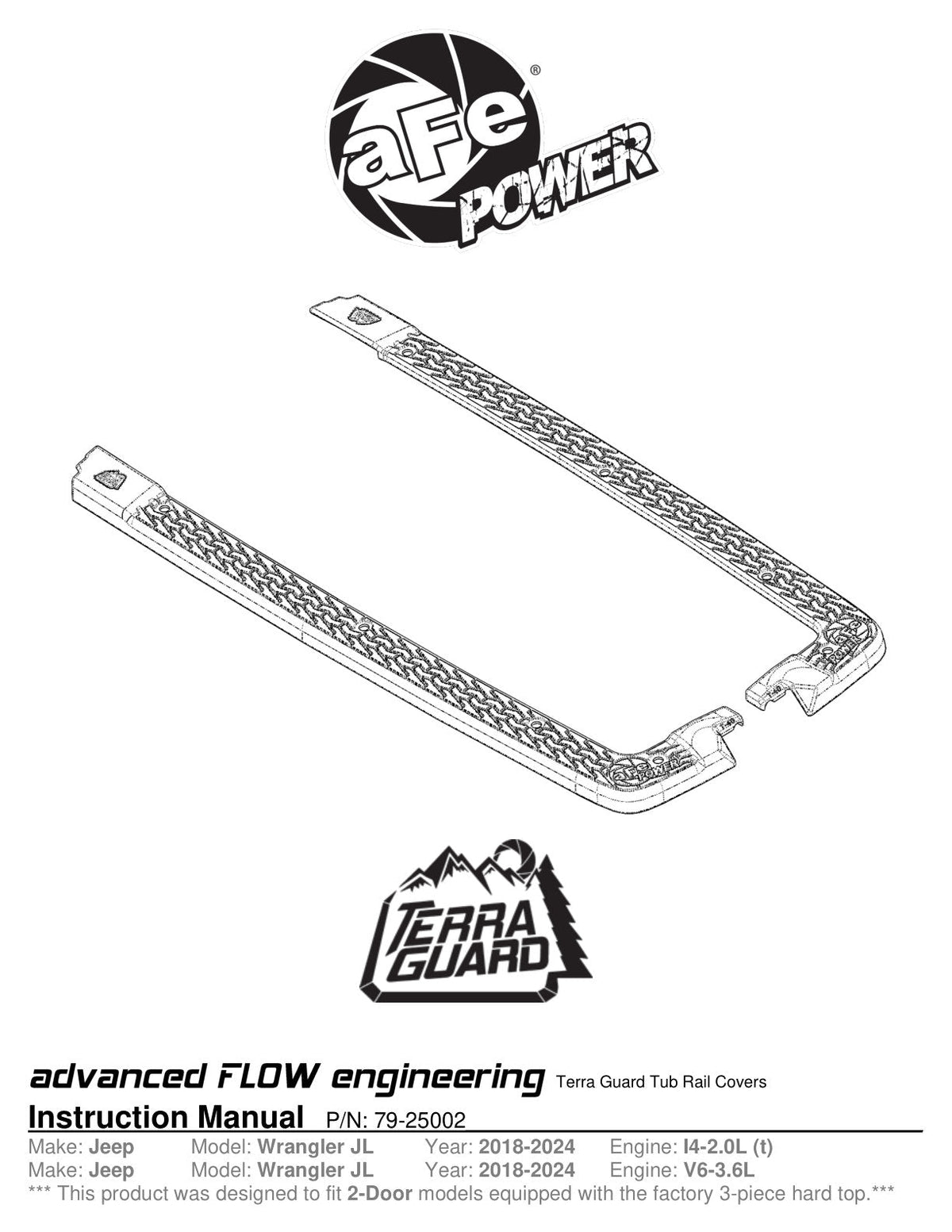 aFe 18-24 Jeep Wrangler JL (2-Door Models w/ 3-Piece Hard-Top Only) Terra Guard Tub Rail Covers