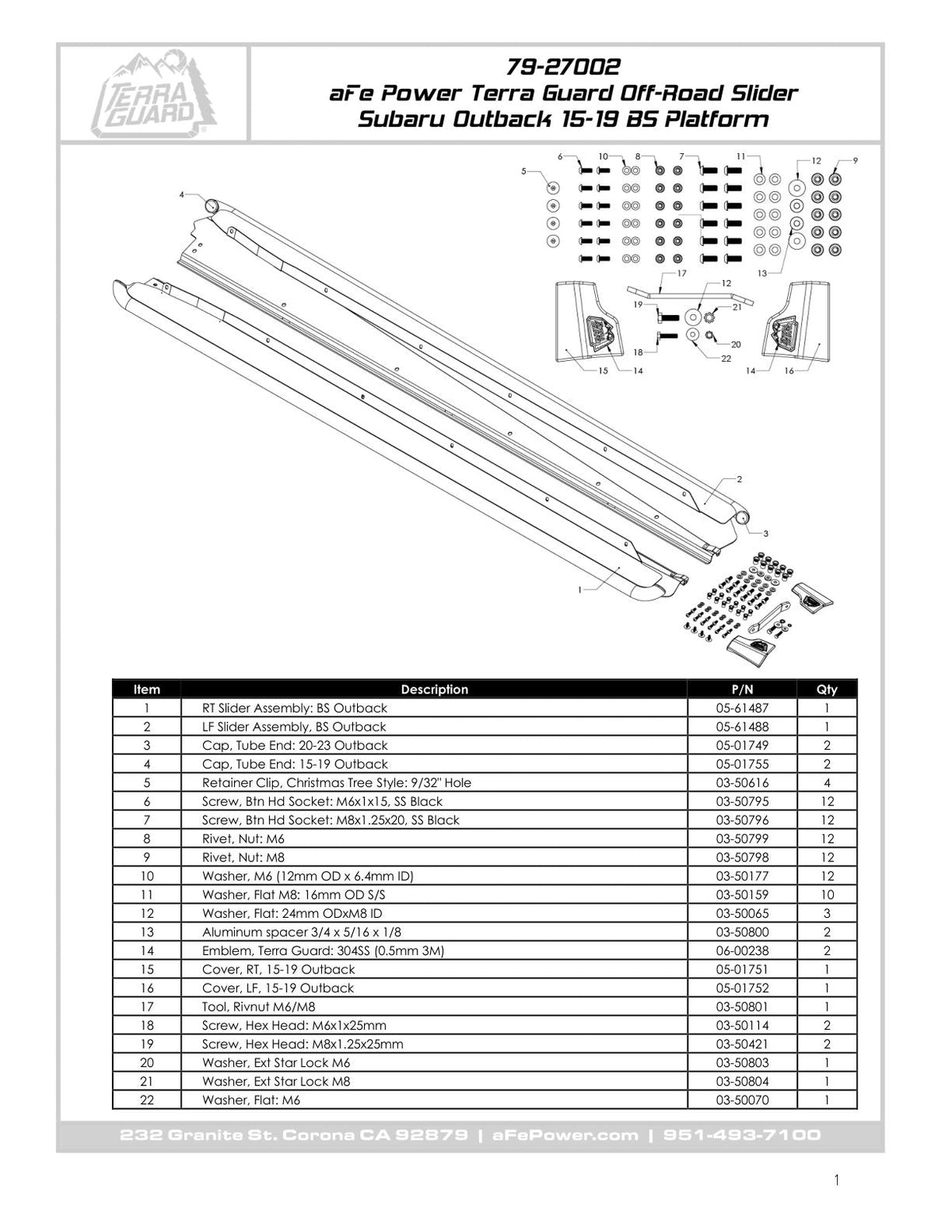 aFe POWER 15-19 Subaru Outback H4 2.5L / H6 3.6L Terra Guard Trail Slider Steps - Black