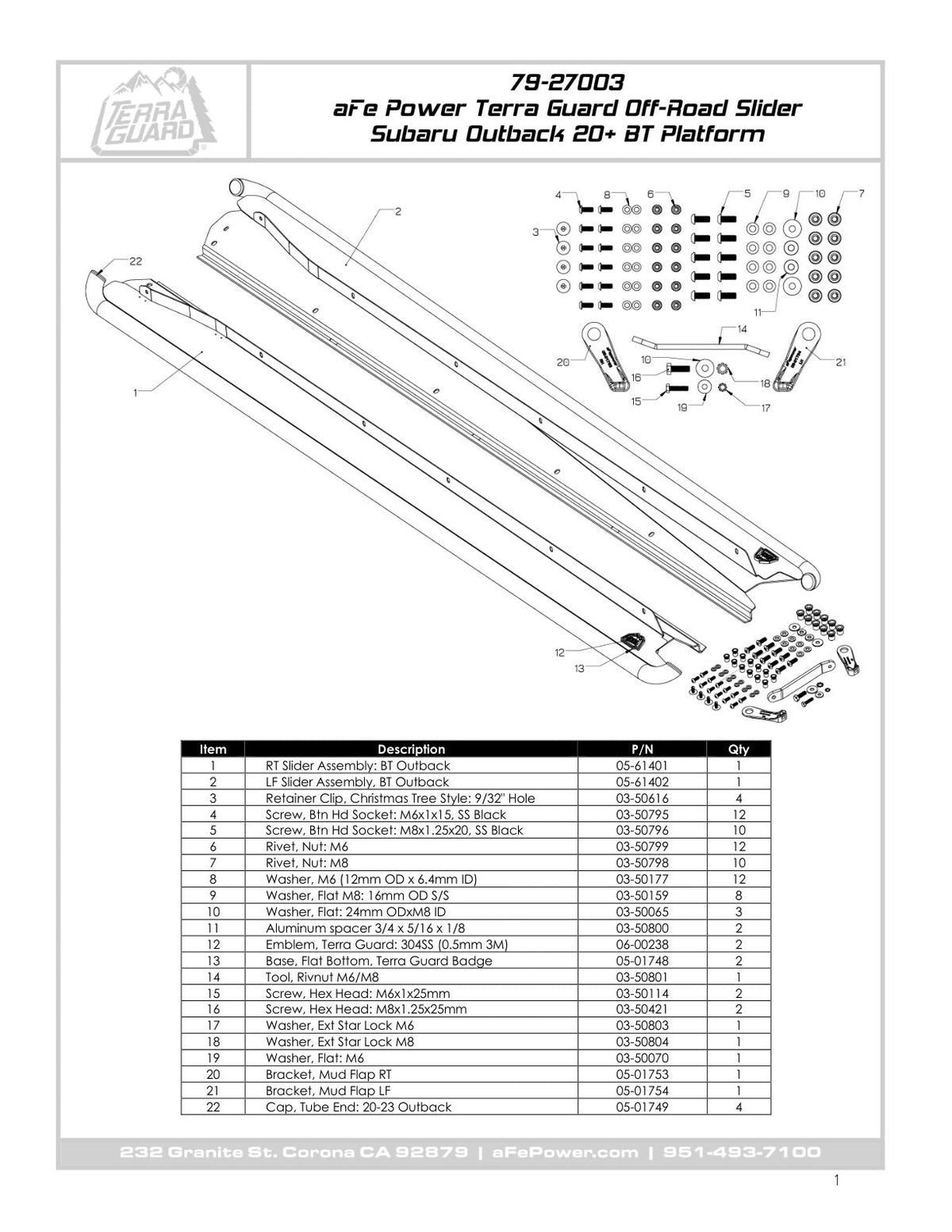 aFe POWER 20-23 Subaru Outback H4 2.4L (t) / H4 2.5L Terra Guard Trail Slider Steps - Black