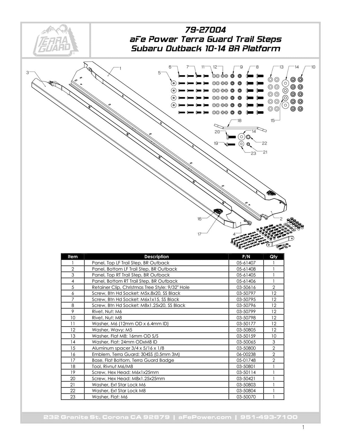 aFe POWER 10-14 Subaru Outback H4 2.5L / H6 3.6L Terra Guard Trail Steps - Black