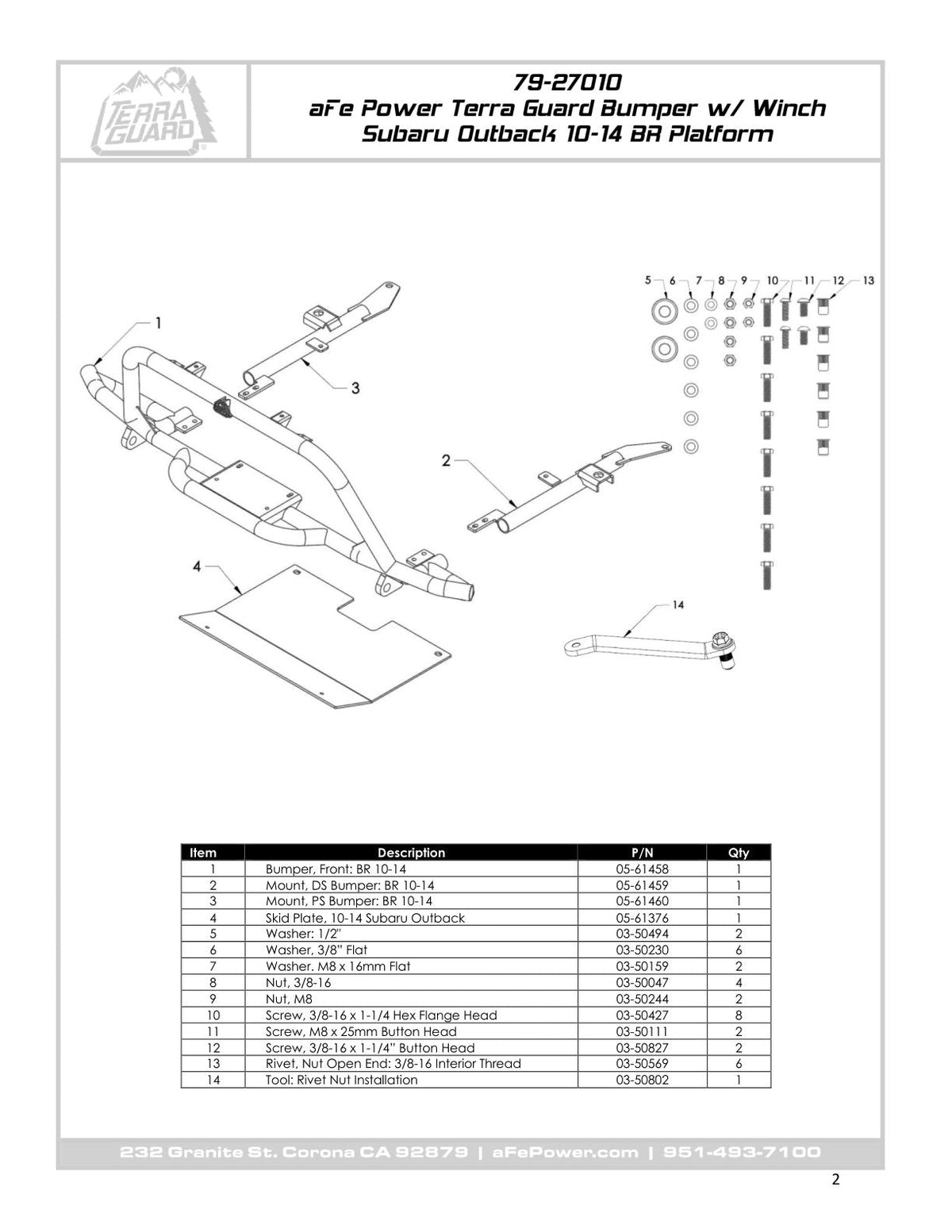 aFe POWER 10-14 Subaru Outback H4 2.5L / H6 3.6L Terra Guard Bumper Front - Black