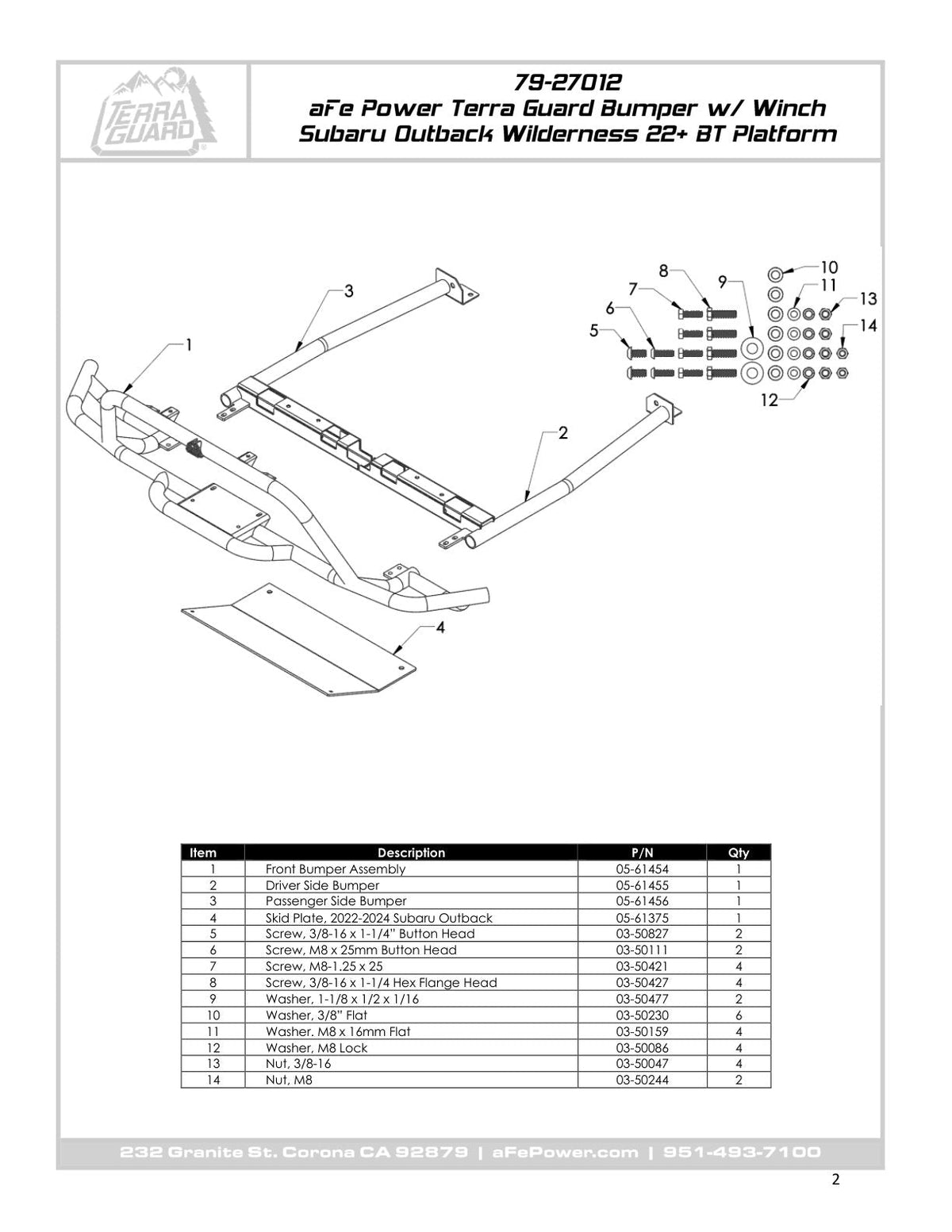 aFe POWER 20-23 Subaru Outback H4 2.4L (t) / H4 2.5L Terra Guard Front Bumper w/ Winch Mount - Black