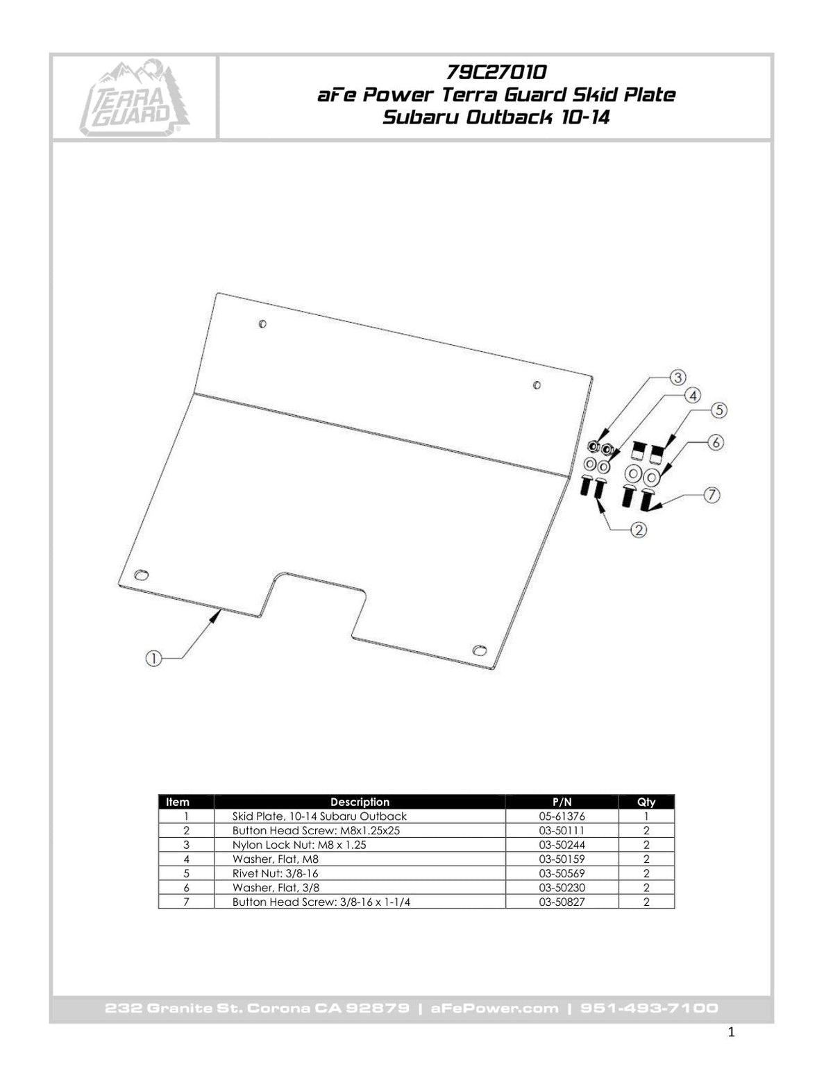 aFe POWER 10-14 Subaru Outback Terra Guard Bumper Skid Plate (use w/ PN 79-27007 or 79-27010)