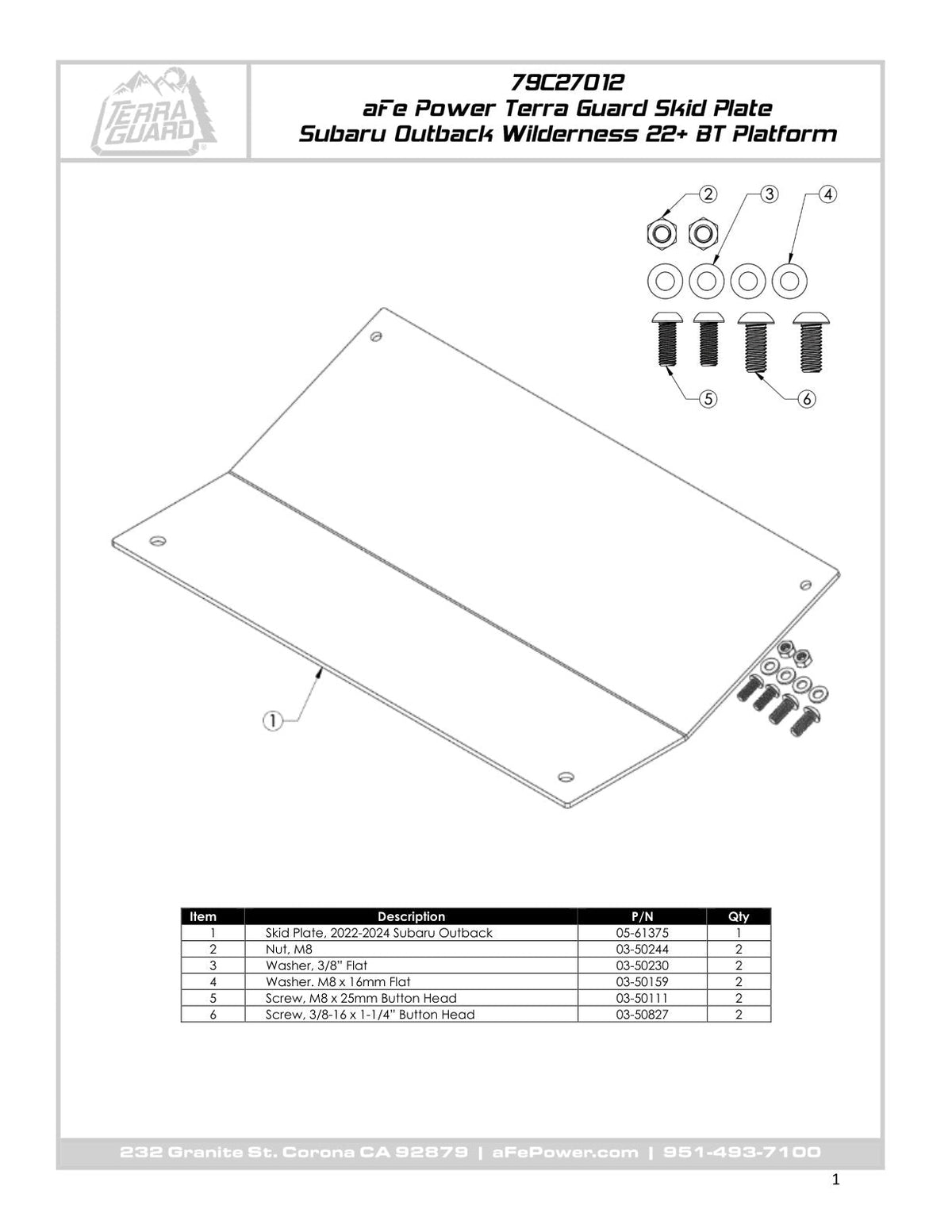 aFe POWER 20-23 Subaru Outback Terra Guard Bumper Skid Plate (use w/ PN 79-27009 & 79-27012)