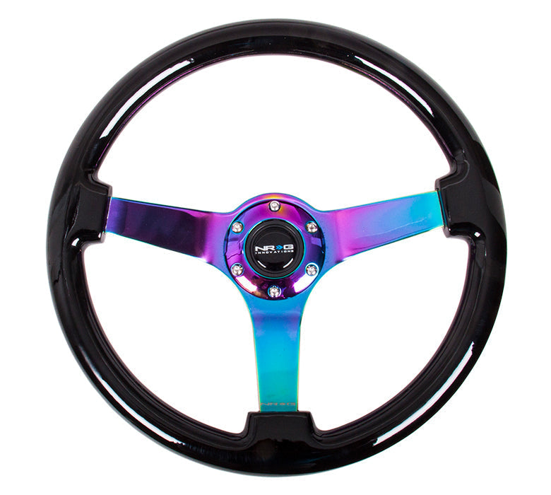 NRG Reinforced Steering Wheel (350mm / 3in. Deep) Classic Blk Sparkle w/4mm Neochrome 3-Spoke Center