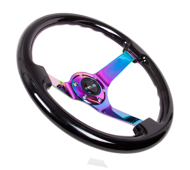 NRG Reinforced Steering Wheel (350mm / 3in. Deep) Classic Blk Sparkle w/4mm Neochrome 3-Spoke Center
