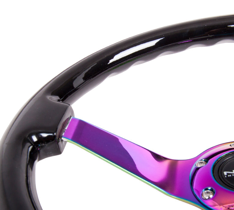 NRG Reinforced Steering Wheel (350mm / 3in. Deep) Classic Blk Sparkle w/4mm Neochrome 3-Spoke Center