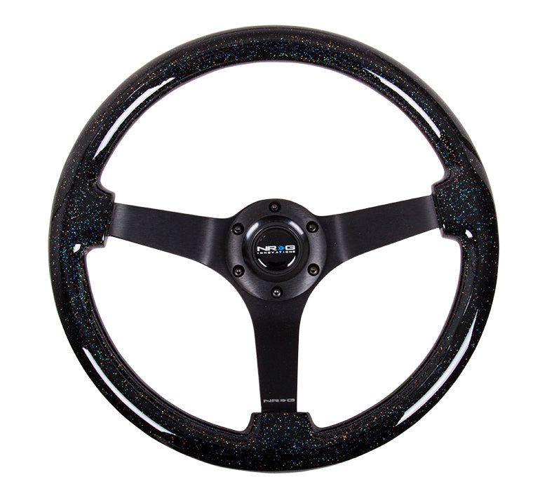 NRG Reinforced Steering Wheel (350mm / 3in. Deep) Classic Blk Sparkle w/4mm Neochrome 3-Spoke Center