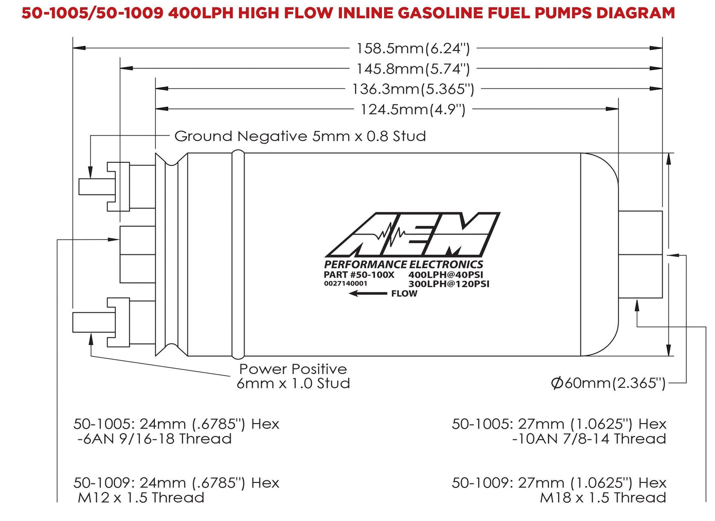 AEM 400LPH High Pressure Fuel Pump -6AN Female Out, -10AN Female In