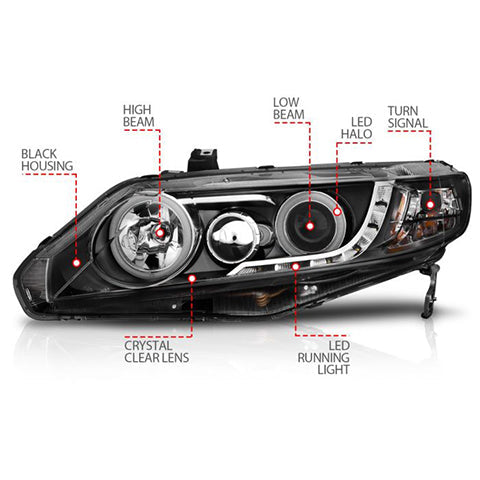 ANZO 2006-2011 Honda Civic Projector Headlights w/ Halo Black (CCFL)