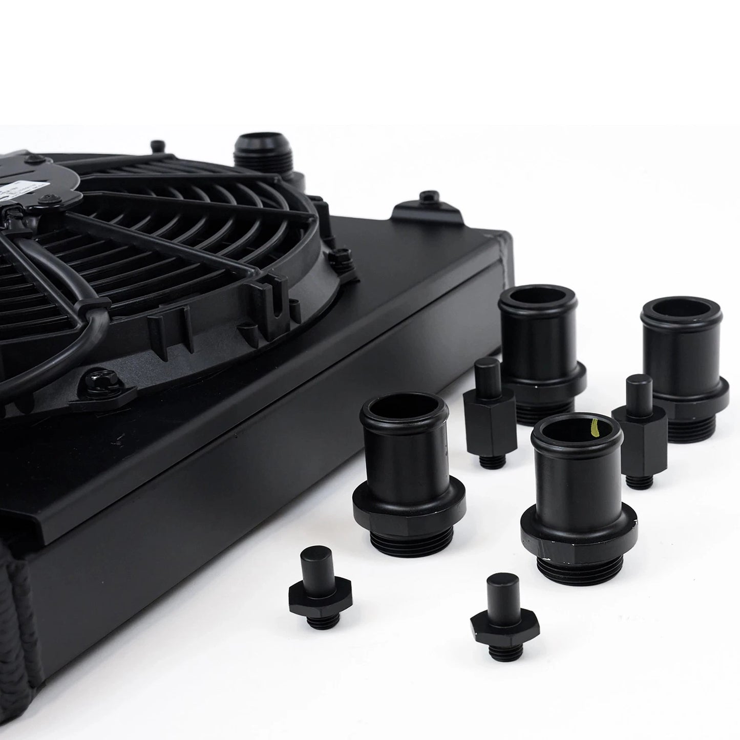CSF Universal Half Radiator w/-16AN & Slip-On Fittings/12in SPAL Fan & Shroud - Black Finish
