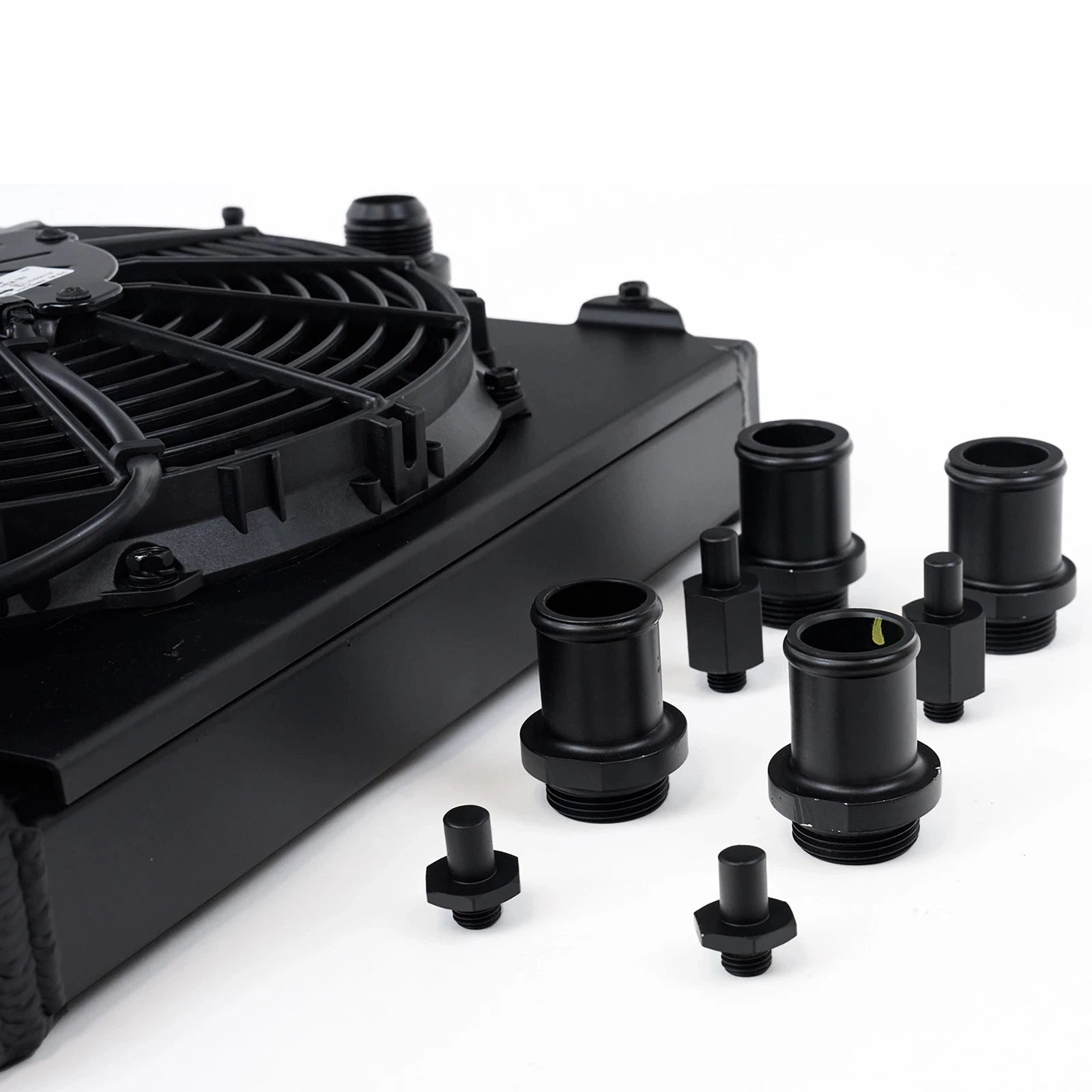 CSF Universal Half Radiator w/-16AN & Slip-On Fittings/12in SPAL Fan & Shroud - Black Finish