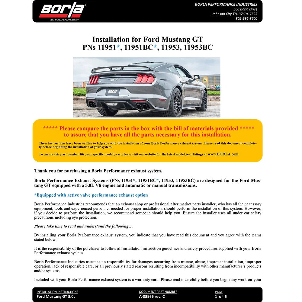 Borla 2018 Ford Mustang GT 5.0L AT/MT 2.5in S-Type Exhaust w/ Valves (Rear Section Only)