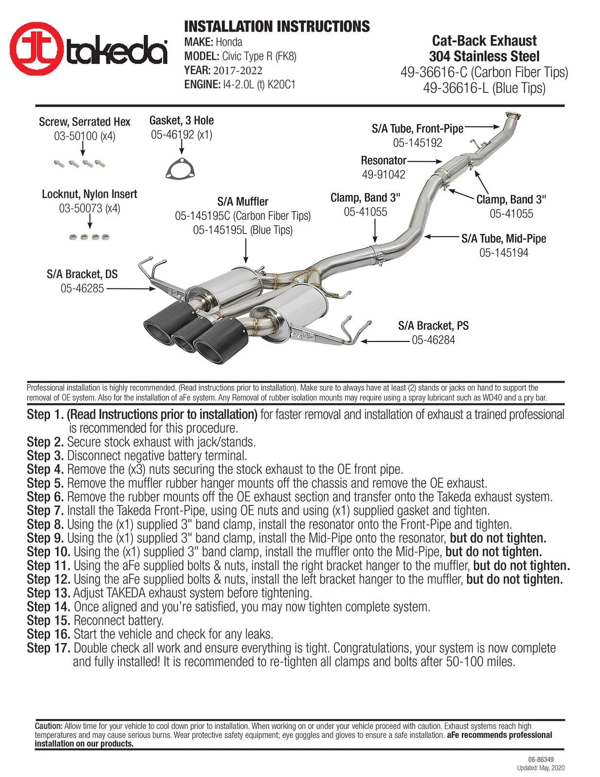 aFe POWER Takeda 2-1/2in to 2-1/4in 304SS Catback Dual-Exit Exhaust 17+ Honda Civic Type R w/CF Tips
