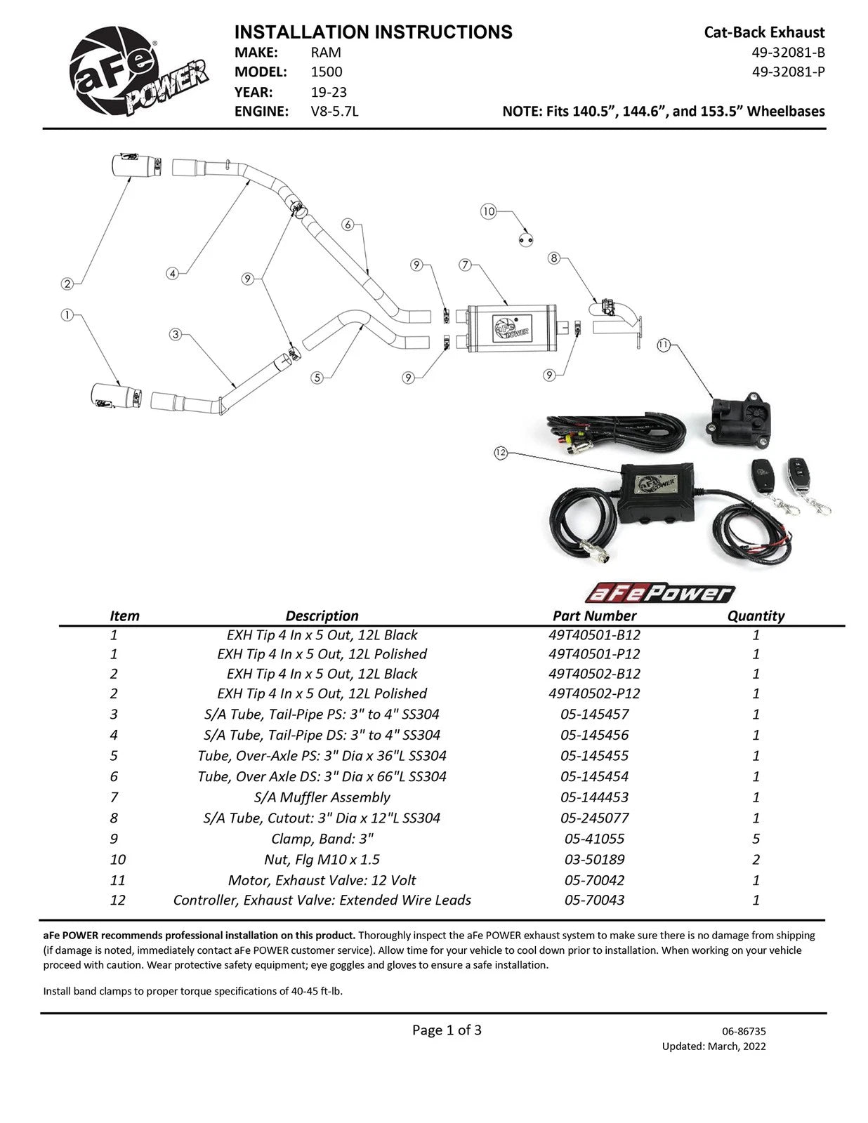 aFe Gemini XV 3in 304 SS Cat-Back Exhaust 19-21 Ram 1500 V8 5.7L Hemi w/ Polish Tips