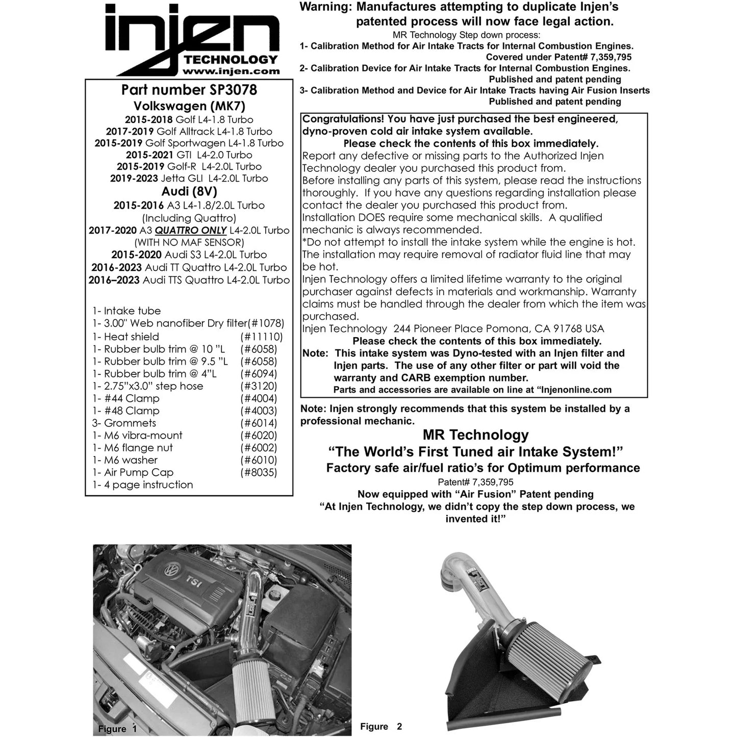 Injen 15-18 VW Golf/GTI MK7 2.0L Turbo TSI Polished SRI w/MR Tech + Heat Shld