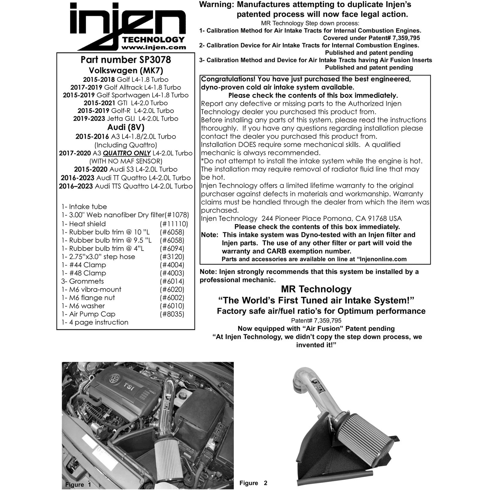 Injen 15-18 VW Golf/GTI MK7 2.0L Turbo TSI Polished SRI w/MR Tech + Heat Shld