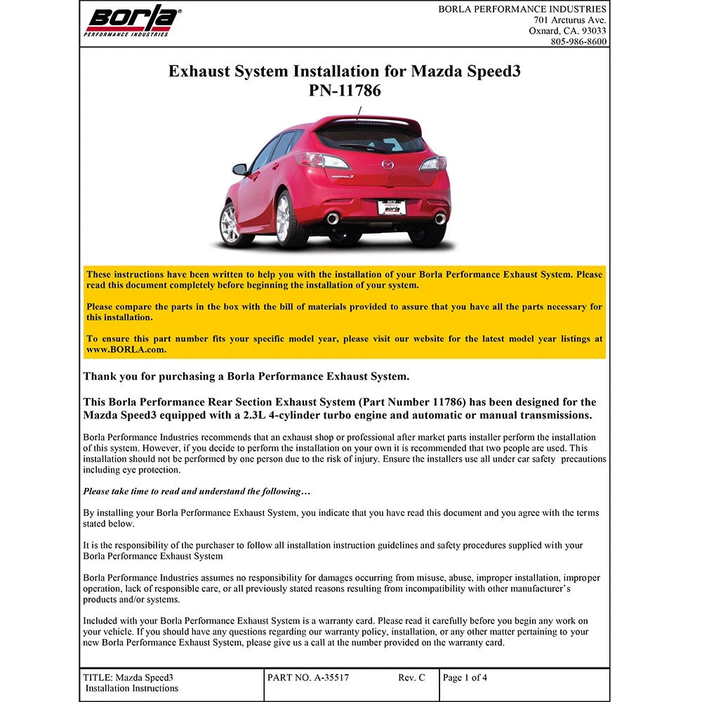 Borla 10-13 Mazda 3/Mazdaspeed 3 2.5L/2.3L Turbo FEW MT Hatchback SS Exhaust (rear section only)