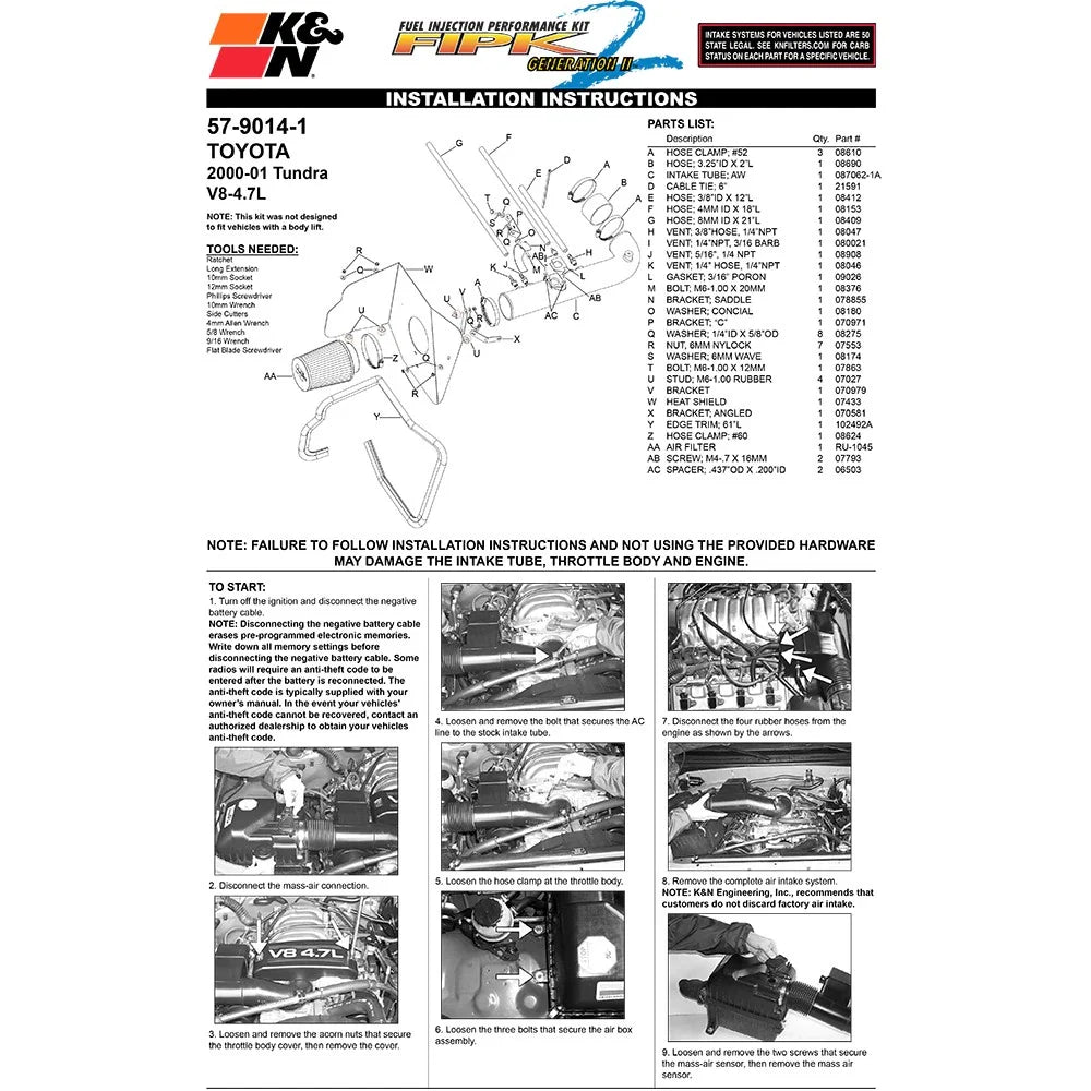 K&N 00-01 Toyota Tundra V8-4.7L Performance Air Intake Kit