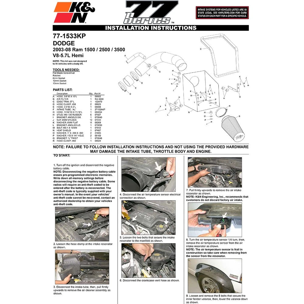 K&N 03-08 Dodge Ram V8-5.7L High Flow Performance Kit