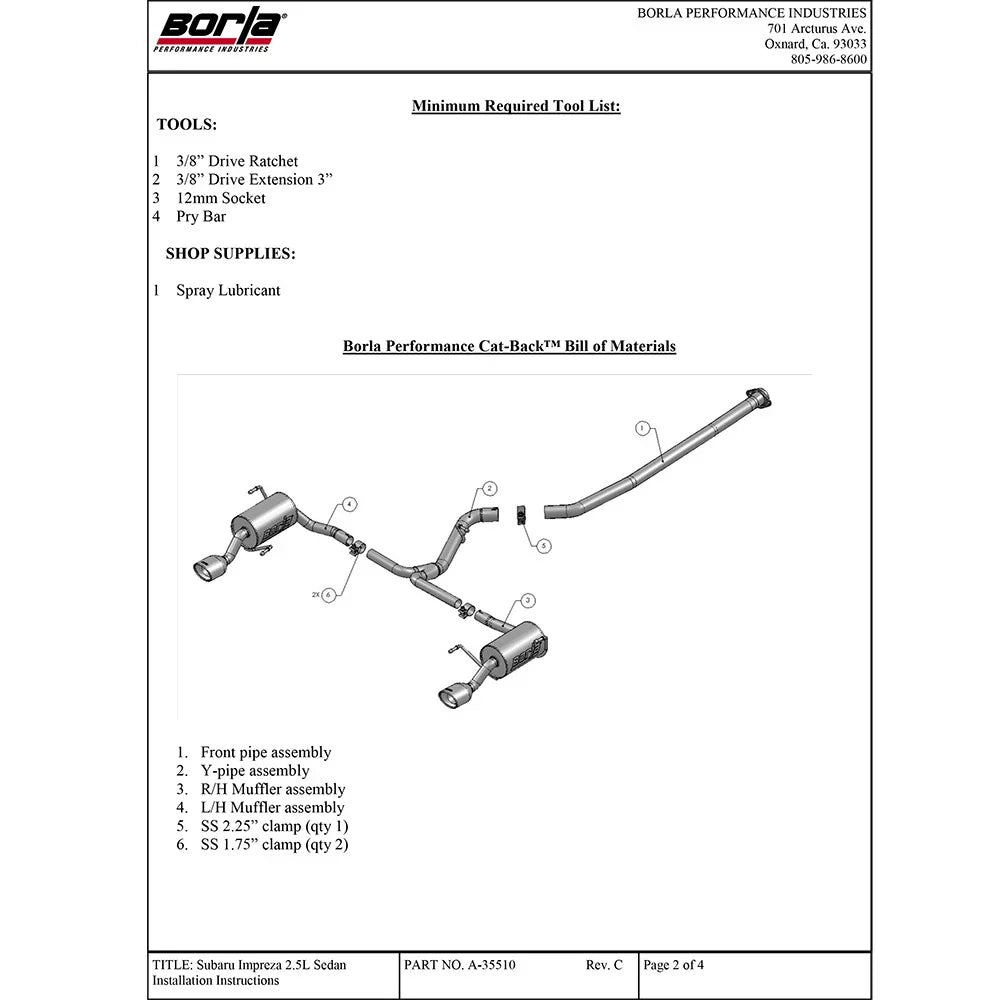 Borla 08-10 Subaru Impreza 2.5i Sedan 4DR SS Catback Exhaust