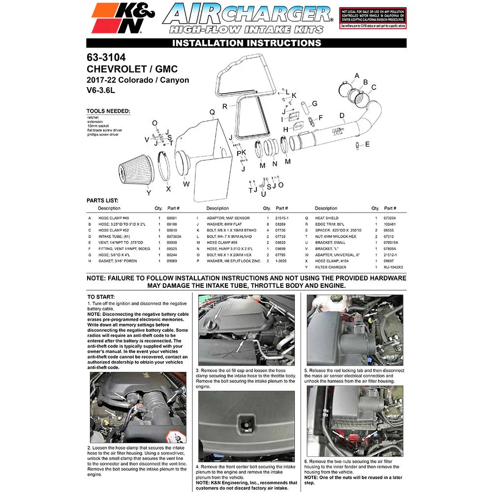 K&N 17-18 Chevrolet Colorado V6-3.6L F/I AirCharger Performance Intake
