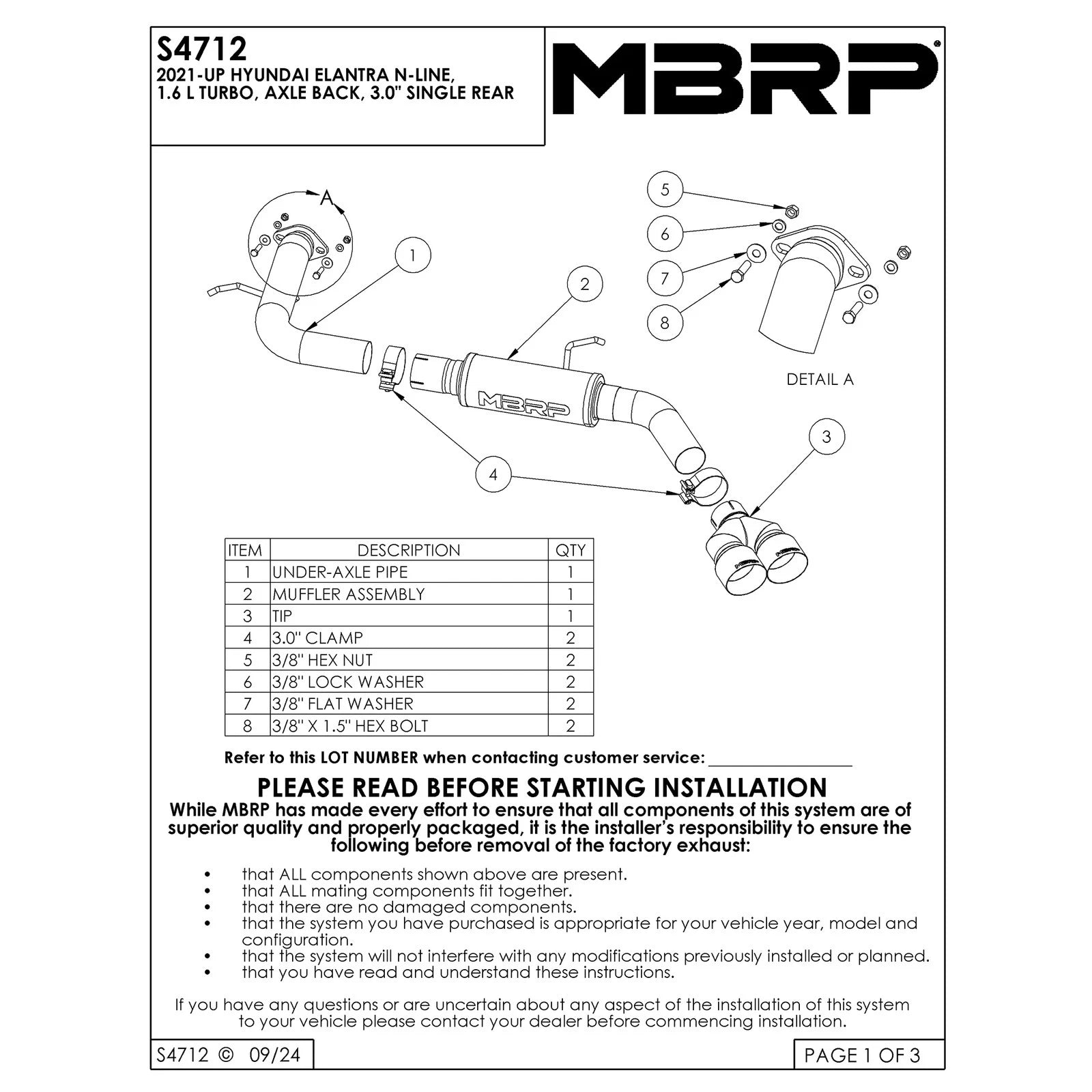 MBRP 21-24 Hyundai Elantra Aluminized Steel 3in Axle-Back Single Rear Exit with Dual Outlet Tip
