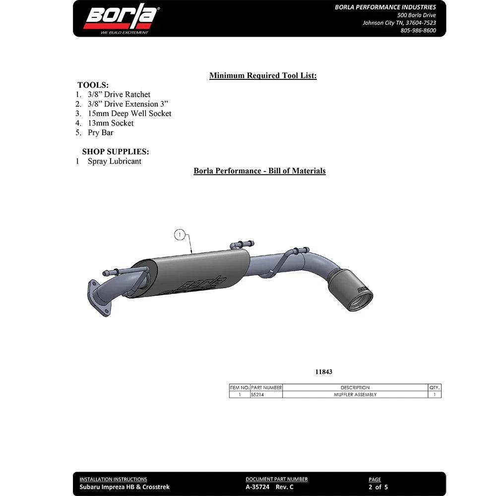 Borla 2017 Subaru Impreza AT/MT 2.0L AWD 5DR Hatch 2in SS S-Type Rear Section Exhaust