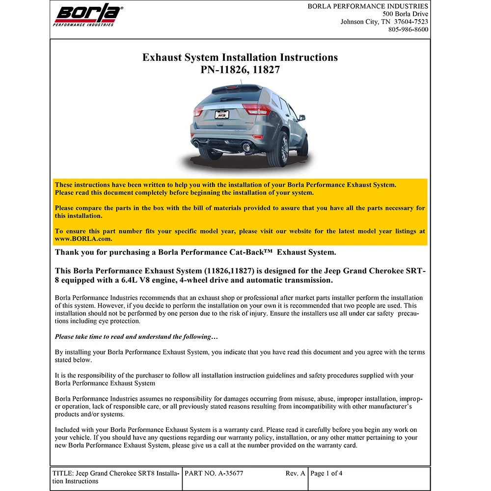 Borla 12-13 Jeep Grand Cherokee SRT8 6.4L 8cyl Aggressive ATAK Exhaust (rear section only)