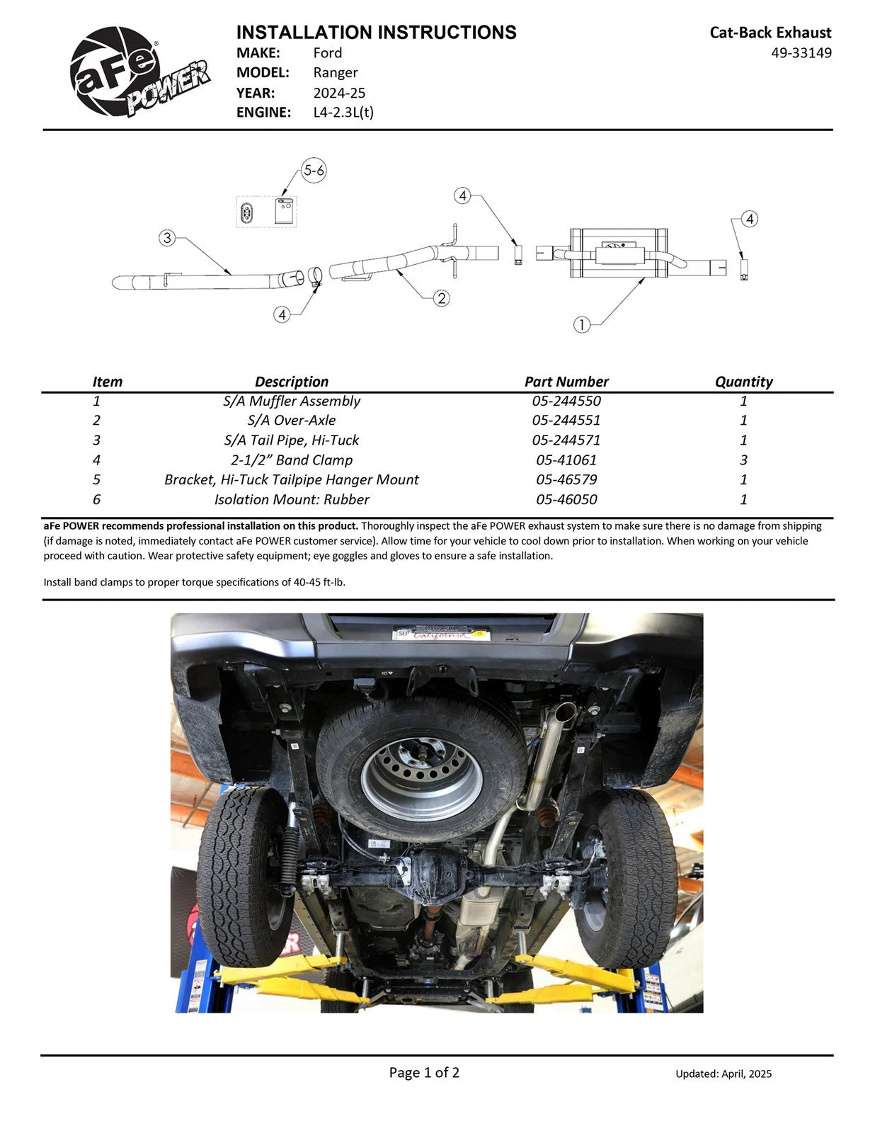 aFe 2024+ Ford Ranger L4-2.3L (t) Vulcan Series 2.5in Cat-Back Exhaust