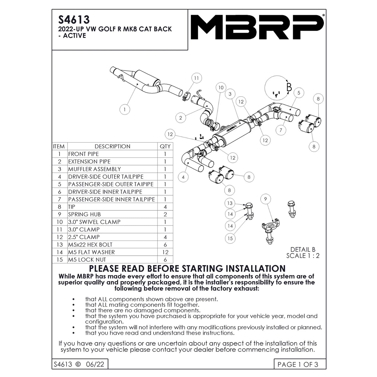 MBRP 2022 Volkswagen Golf R MK8 T304 Stainless Steel 3in Cat-Back, Quad Rear Exit- Carbon Fiber Tip