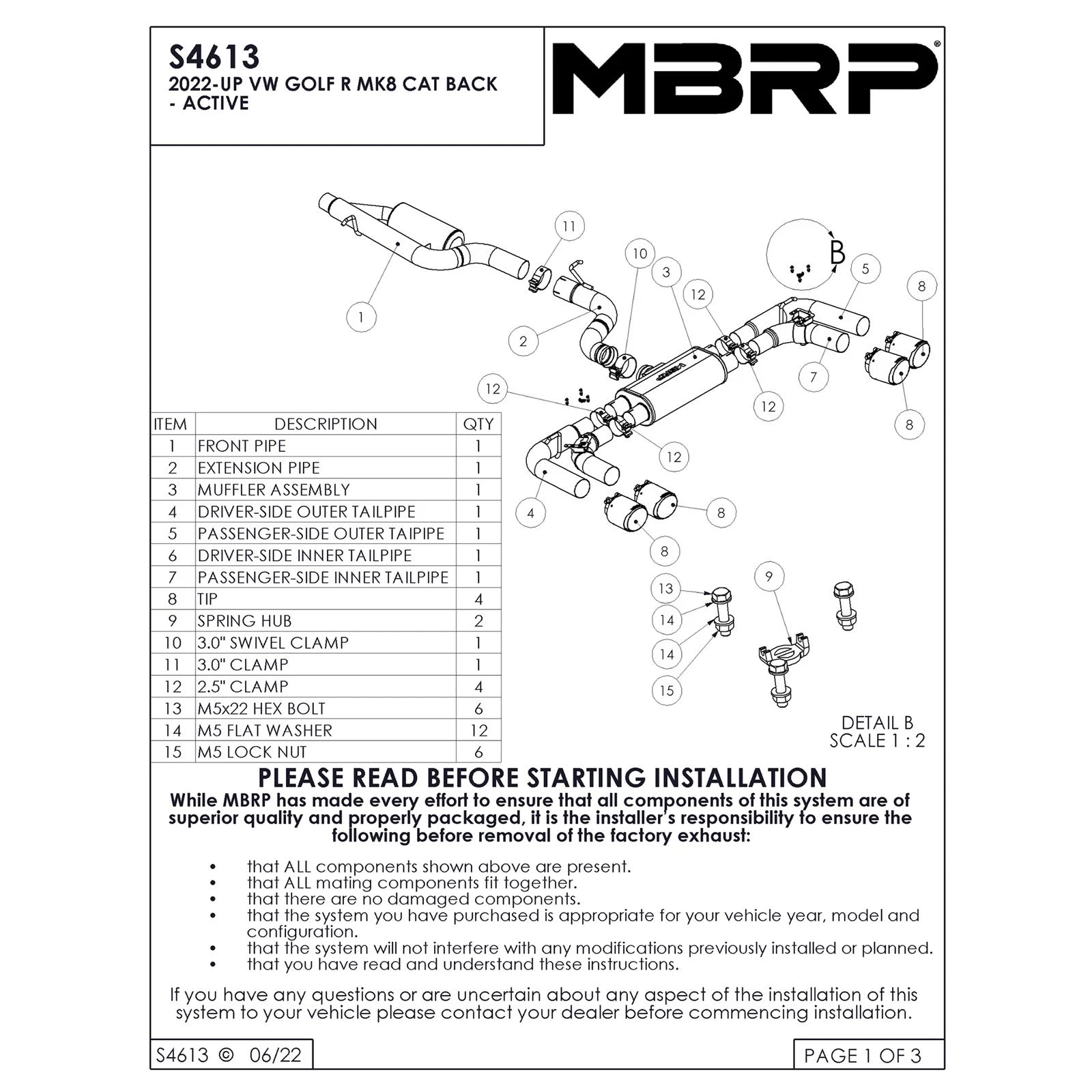 MBRP 2022 Volkswagen Golf R MK8 T304 Stainless Steel 3in Cat-Back, Quad Rear Exit- Carbon Fiber Tip