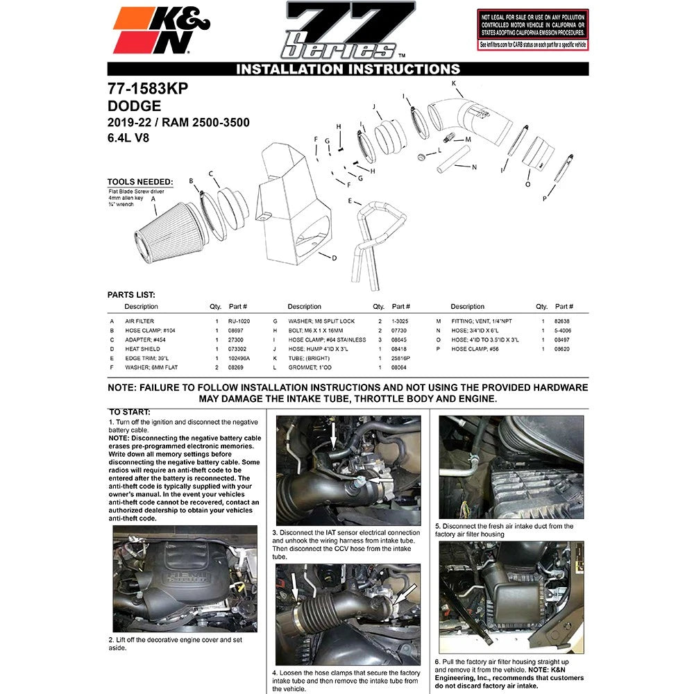 K&N 19-20 Dodge Ram 2500/3500 6.4L V8 F/I Performance Air Intake Kit
