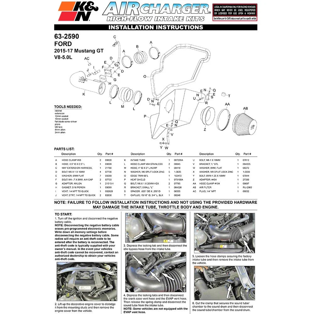 K&N 2015 Ford Mustang GT 5.0L V8 F/I Performance Intake Kit