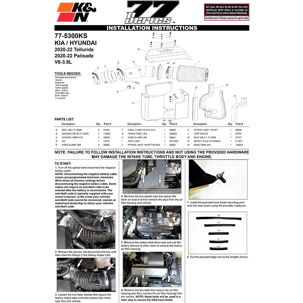 K&N 20-21 Kia Telluride V6-3.8L F/I High Flow Performance Kit