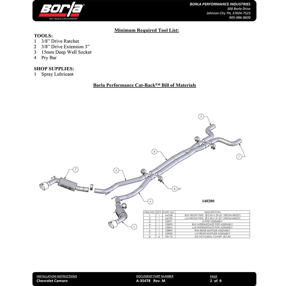 Borla 14-15 Chevy Camaro SS 6.2L V8 Single Split Rear Exit S-Type Catback Exhaust