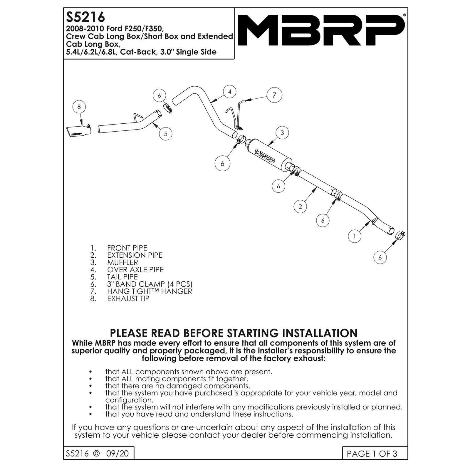 MBRP 08-12 Ford F-250/F-350 5.4L V8/6.8L V10/6.2L V8 CC-SB/EC-LB 3in Cat Back Single Side Exit Alum
