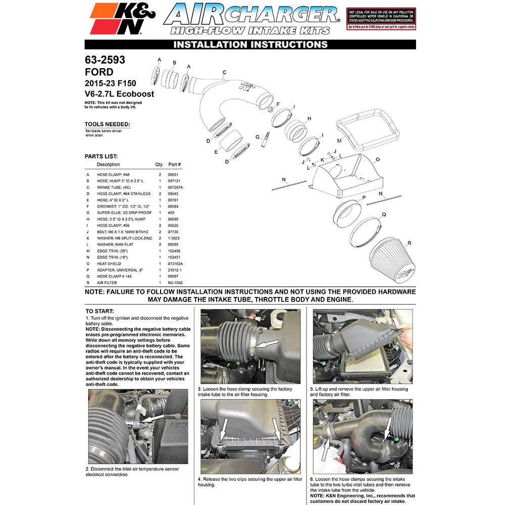 K&N 15-16 Ford F-150 2.7L V6 F/I AirCharger Intake Kit