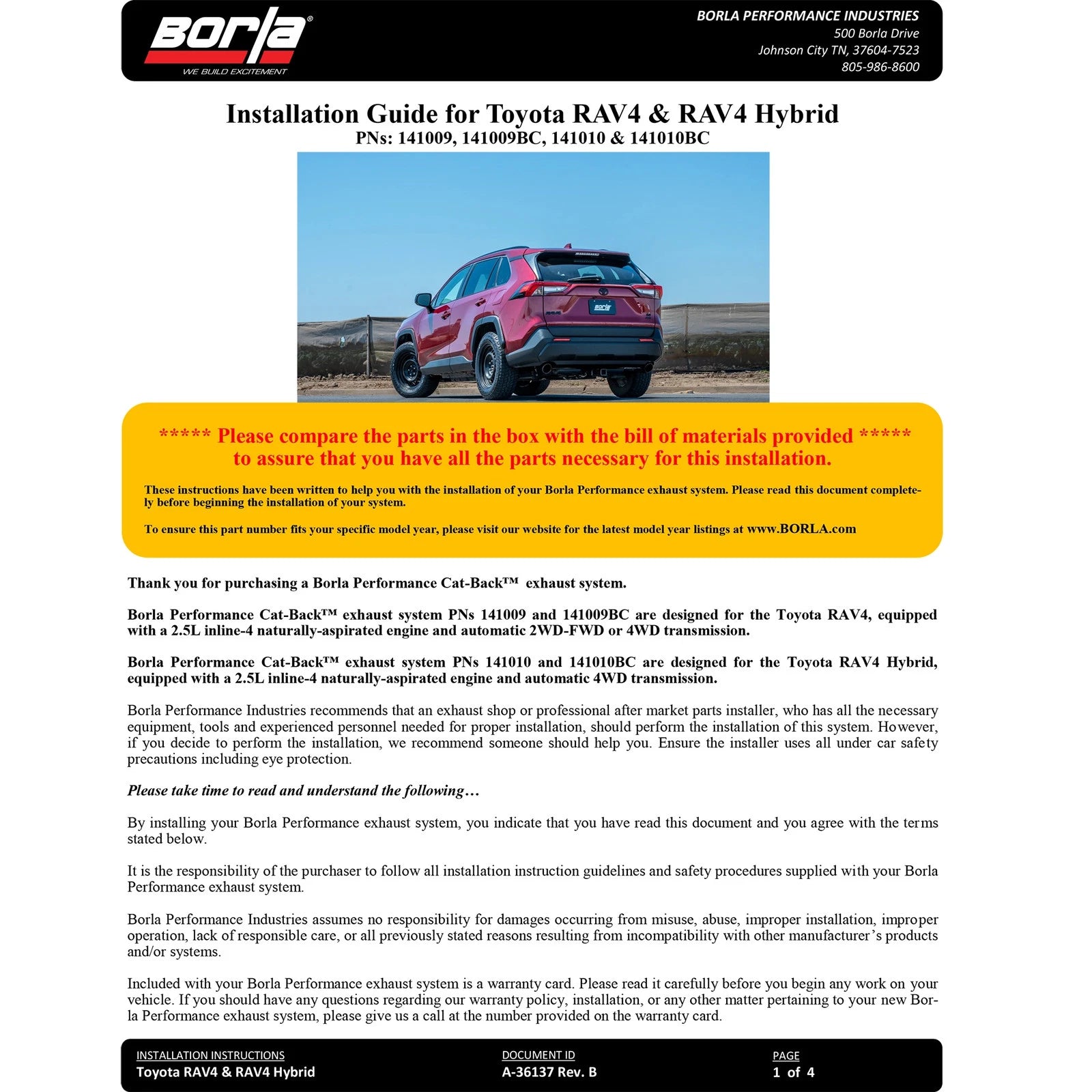 Borla 19-24 Toyota Rav4 (excl. Hybrid) 2.25in S-Type Cat Back Exhaust