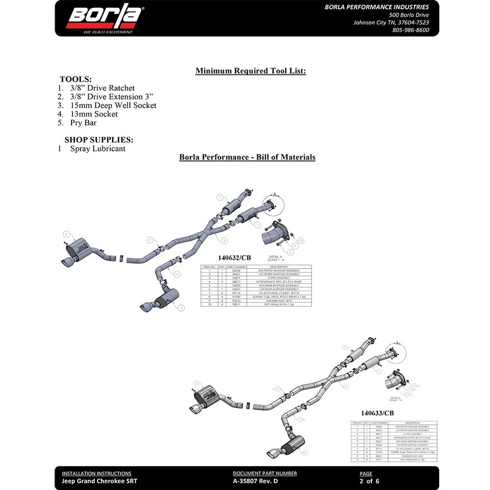 Borla 2015 Jeep Grand Cherokee SRT8 S-Type Dual Round Rolled Exit Catback Exhaust