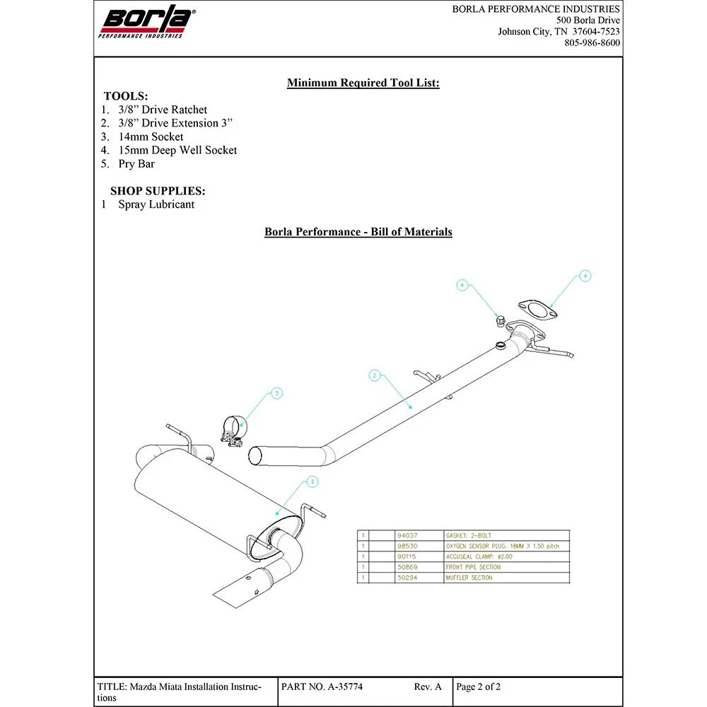 Borla 90-97 Mazda Miata Catback Exhaust
