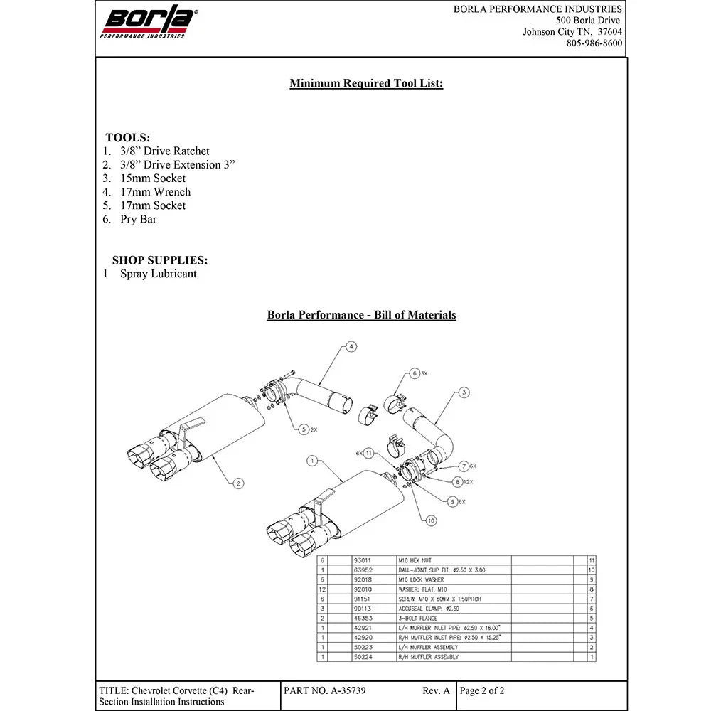 Borla 84-91 Chevrolet Corvette C4 5.7L V8 D SQ AC IC Rear Section 2.5 inch Converter