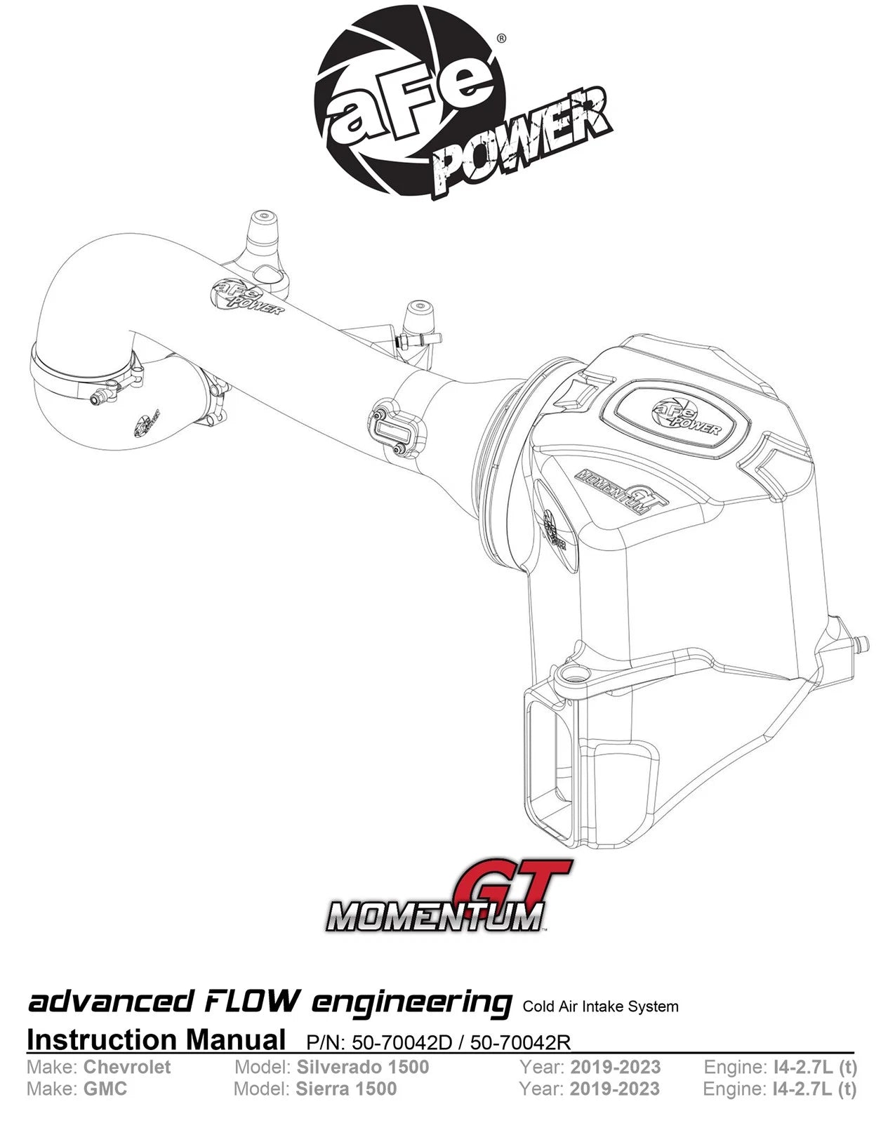 aFe Momentum GT Pro DRY S Cold Air Intake System 19-20 GM Silverado/Sierra 1500 2.7L 4 CYL