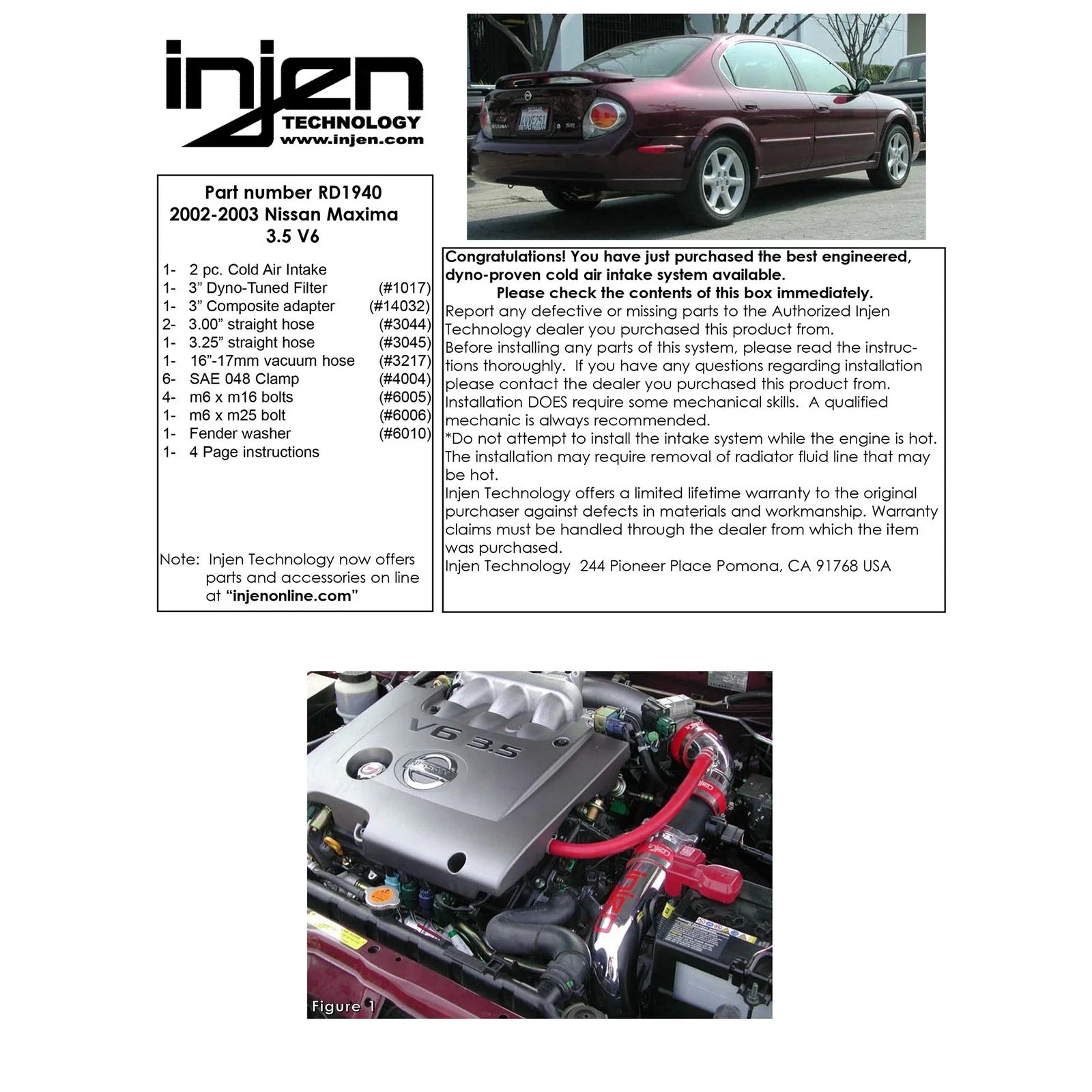 Injen 02-03 Nissan Maxima V6 3.5L Black Cold Air Intake *Special Order*