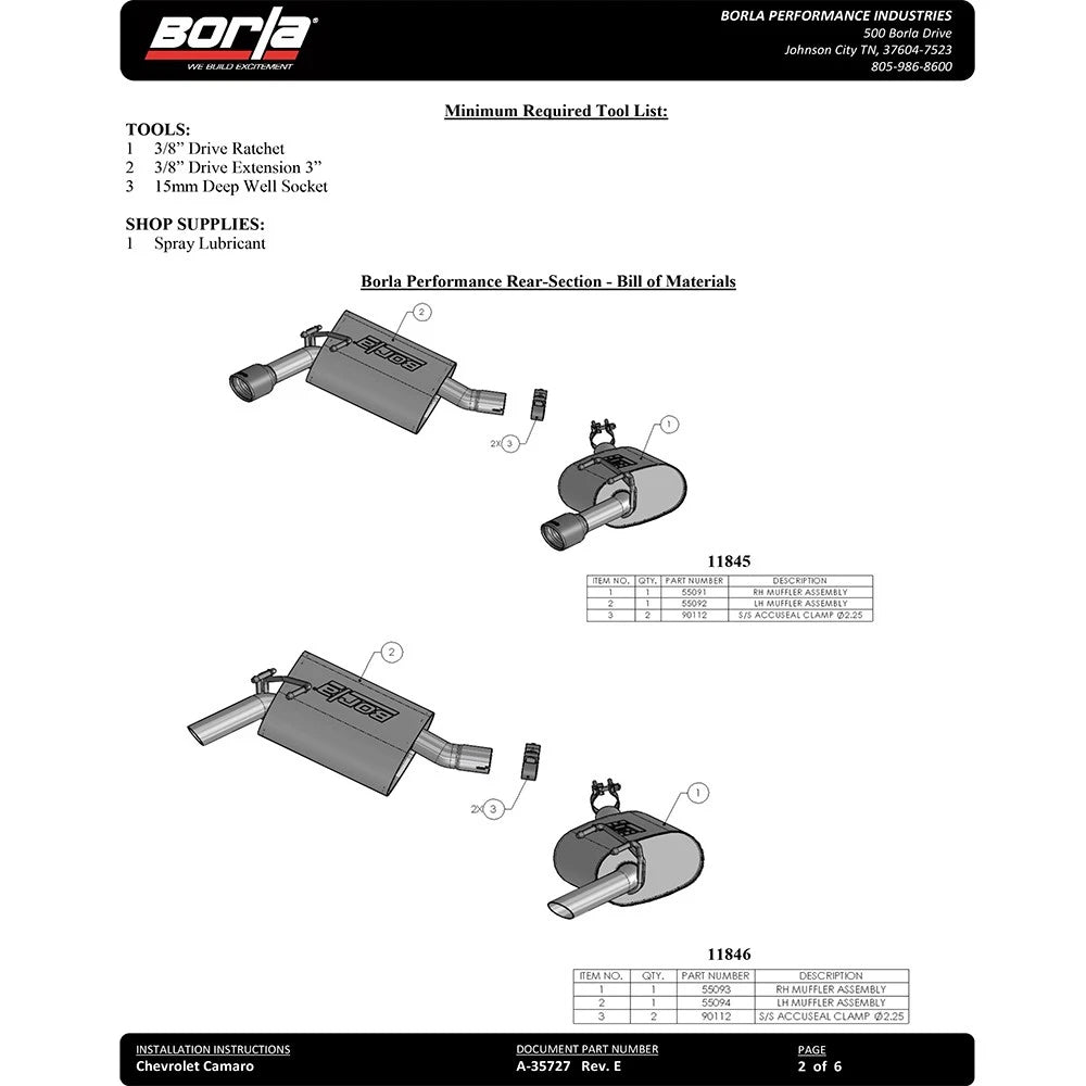Borla 14-15 Chevy Camaro 3.6L V6 RWD Single Split Rr Exit Touring Exhaust (rear section only)