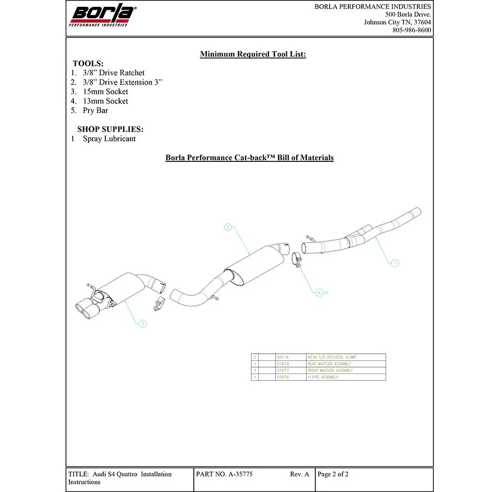 Borla 00-02 Audi S4 2.7L 6cyl AWD SS Catback Exhaust