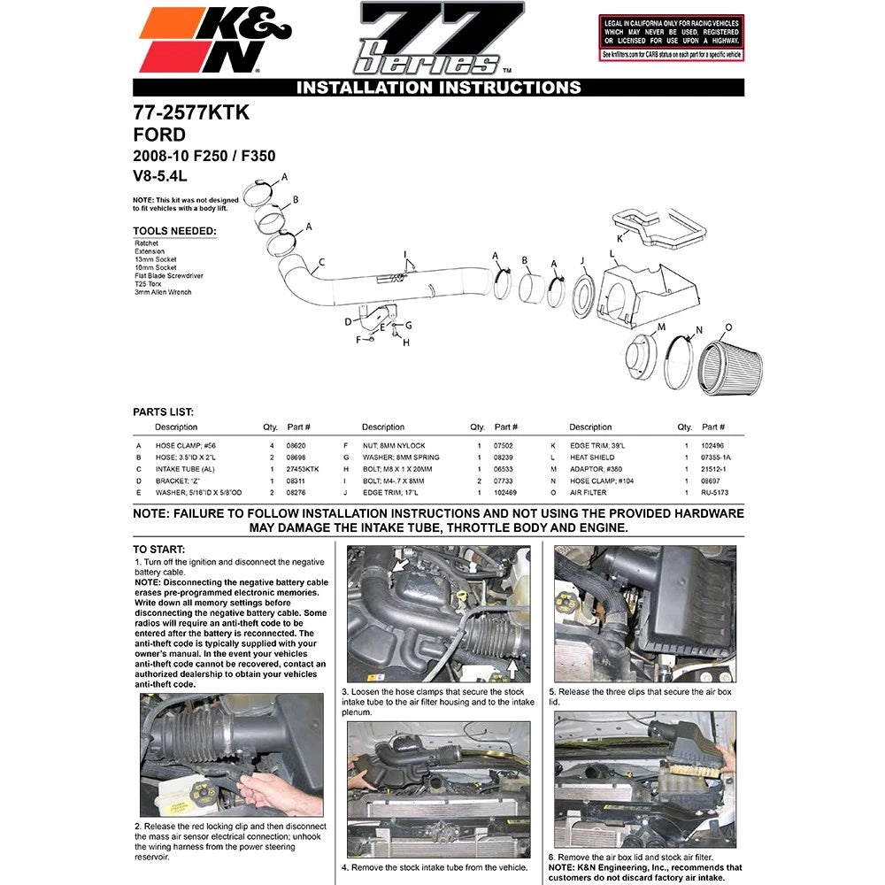 K&N 07-08 Ford F250 SD V8-5.4L Black High Flow Performance Kit